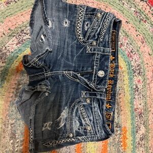 Rock Revival Faded Blue Distressed Denim Shorts with Contrast Stitching